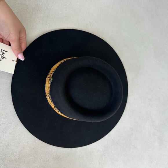 NWT Lack Of Color The Lolita Wool Felt Boater Hat Black w/ Gold Ribbon Band main image 4